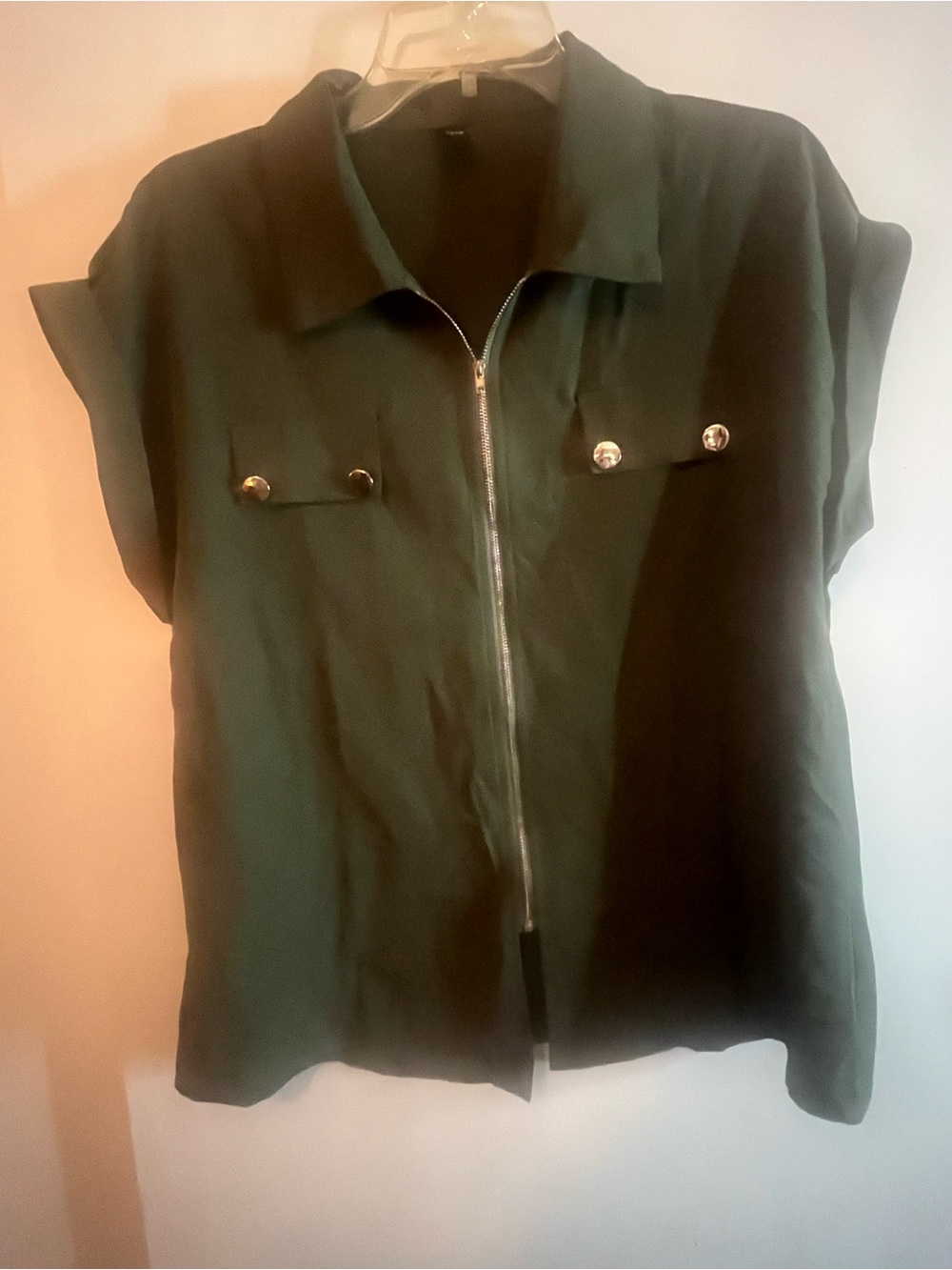 SHEIN Dark Green Short Sleeve Zip-Front Button Flap Shirt